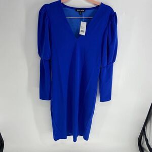 Max + Ash sapphire blue v neck puff sleeve mini dress shakespeare NWT women M
